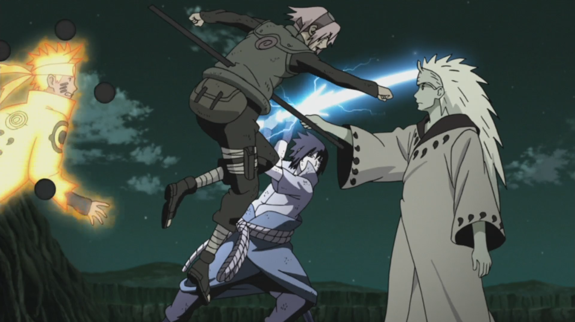 Naruto, Sakura e Sasuke vs Madara