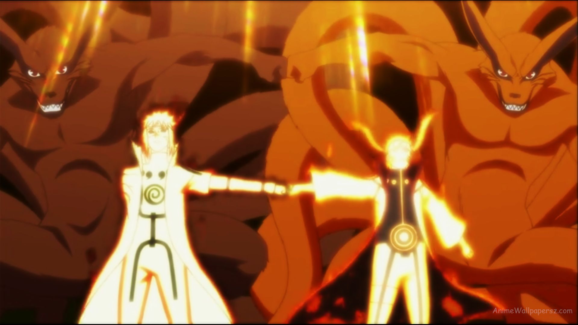 Minato divide chakra da raposa com Naruto